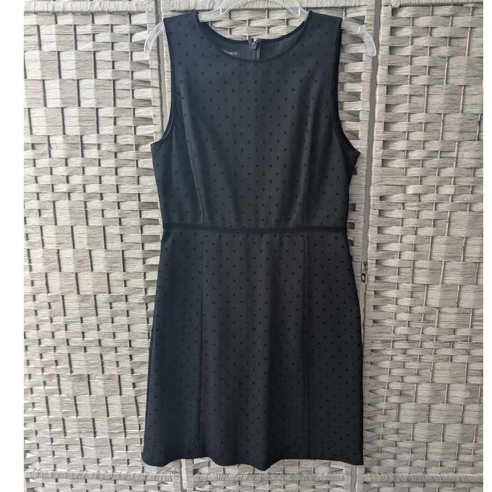 Talbots Sheath Dress Black Polka Dot Velvet Trim 10P Timeless Elegant Chic Fun